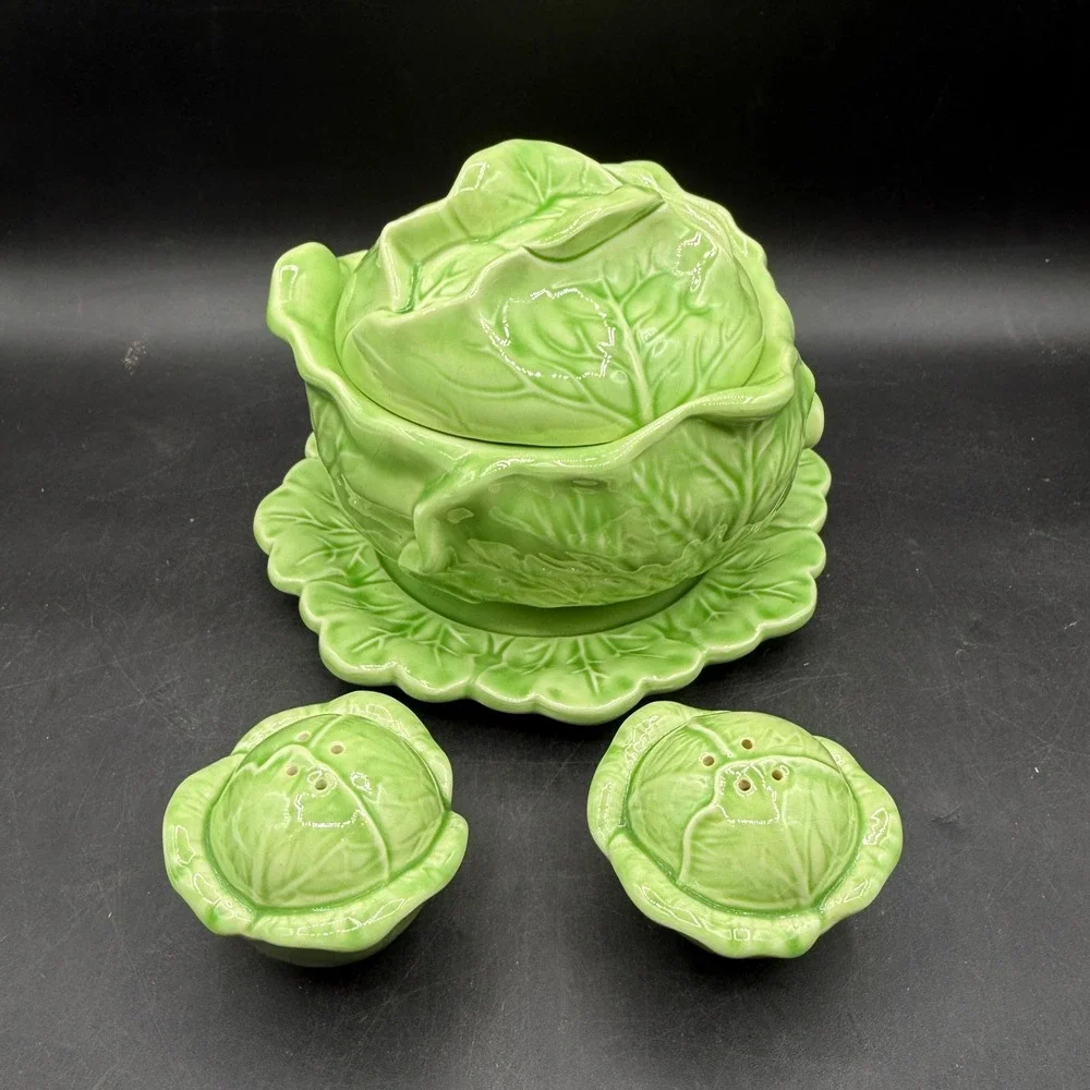 Vintage Holland Mold Cabbage Soup Tureen Salt Pepper Shakers Set Green Ceramic